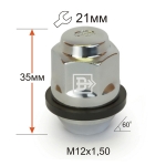 Гайка M12X1,50 Хром высота 35 мм HYUNDAI Конус с выступ., пластик.поясок, кл.21мм 401445Hu Cr 